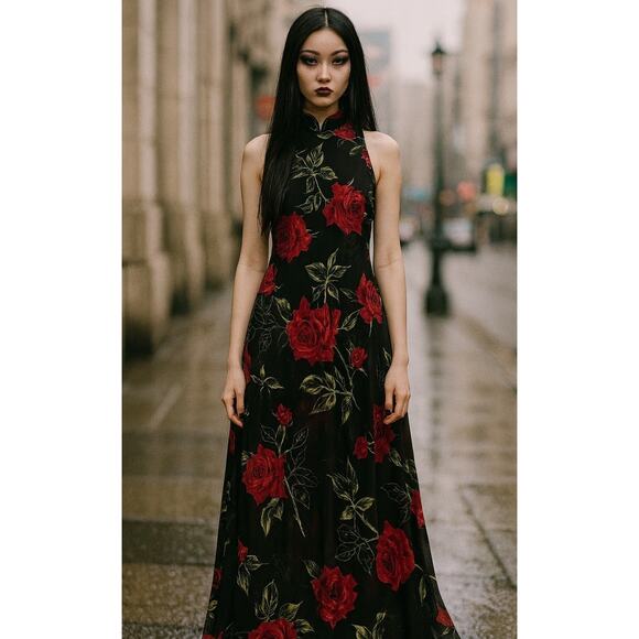Vtg CACHE Dress Black Sheer Mesh Maxi 4 Rose Flowers 90's Goth Homecoming Y2K - Picture 1 of 7